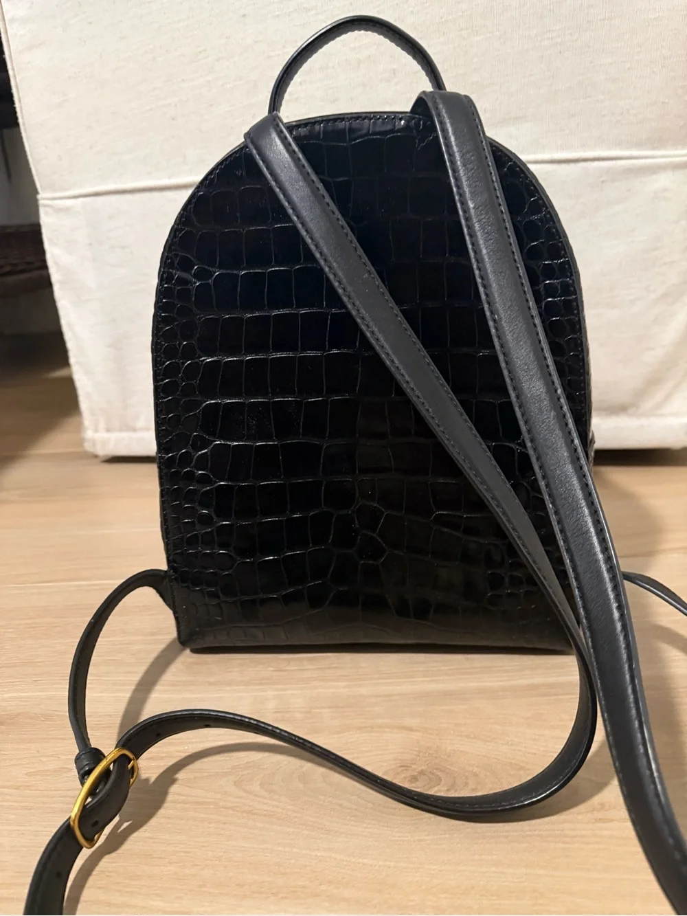 Tory Burch Black Croc-Embossed Mini Backpack with Gold Hardware